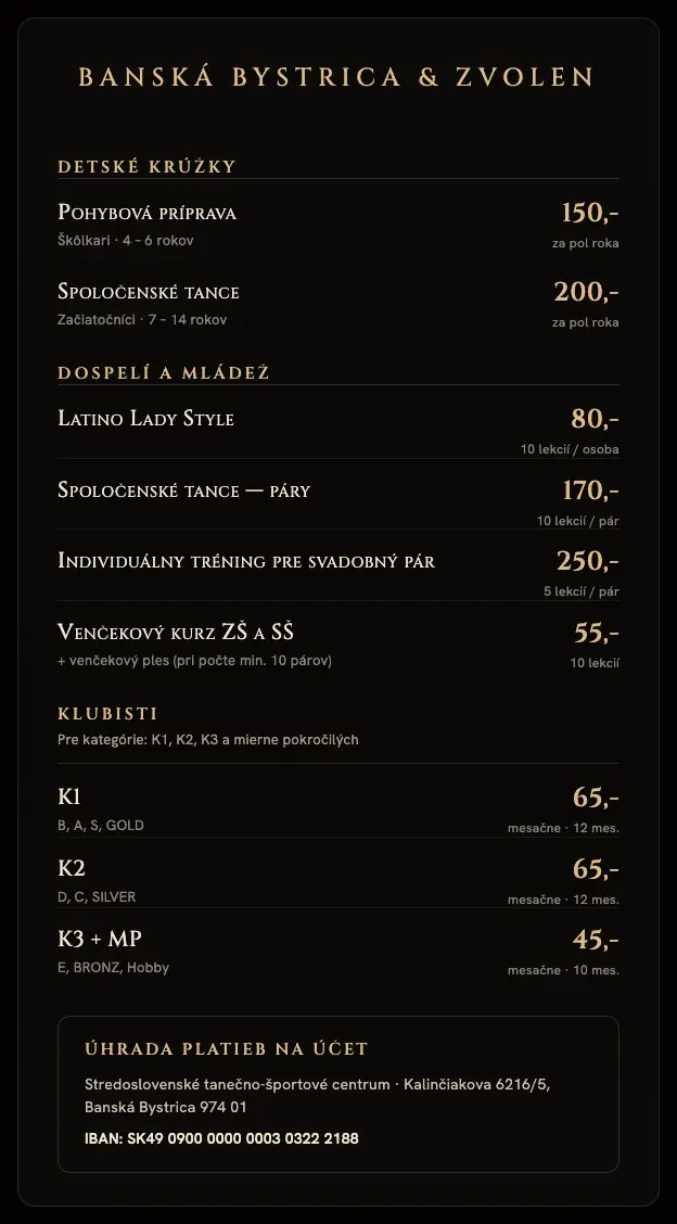 Cenník — Banská Bystrica a Zvolen 2025/2026